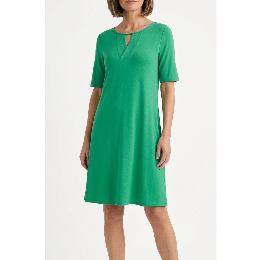 Chico's Green Swing Dress Size 2P 12 M Petite Keyhole Neckline Short Sleeve Knit